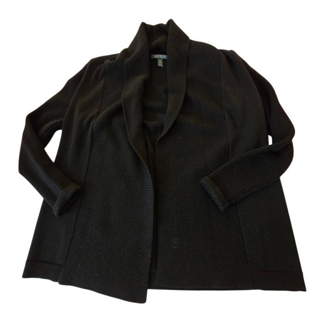 Lauren Ralph Lauren Womens Shawl Collar Black Merino Wool Cardigan Sweater Mediu